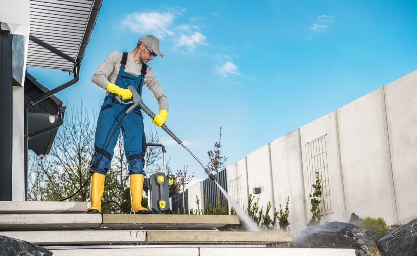 The Pressure Cleaning Caucasian,Men,In,His,40s,Washing,His,Backyard,Garden,Concrete